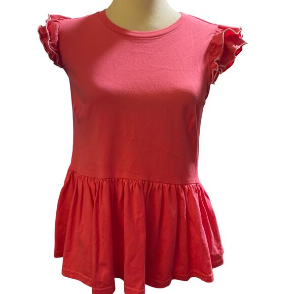 Kate Spade Deep Dahlia Peplum Tee, Coral Pink, 100% Cotton, Size Small - Picture 1 of 7